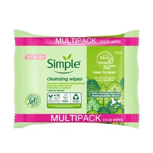 Simple Biodegradable Facial Wipes  2 X 25 wipes